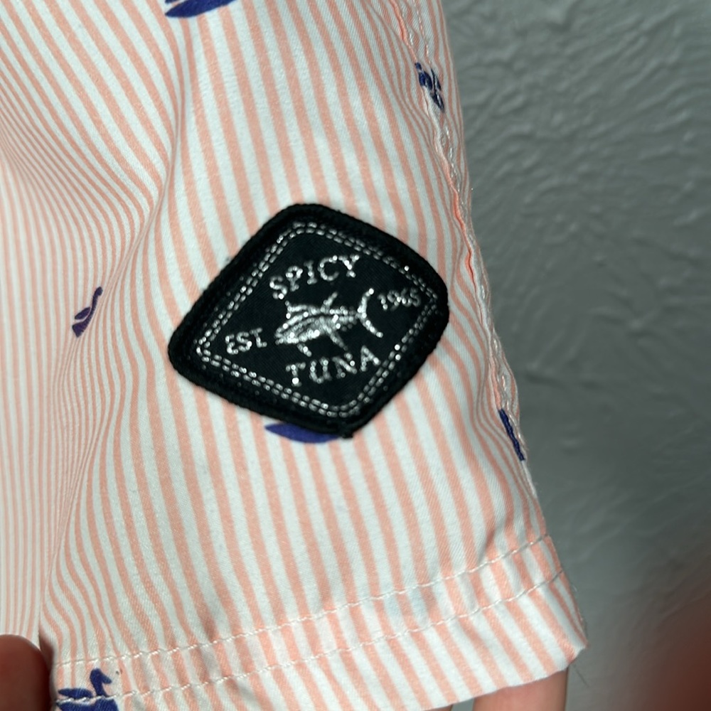 Spicy Tuna Pink Coral & White Striped Duck Print Men's Swim Trunks Size … - Picture 2 of 10